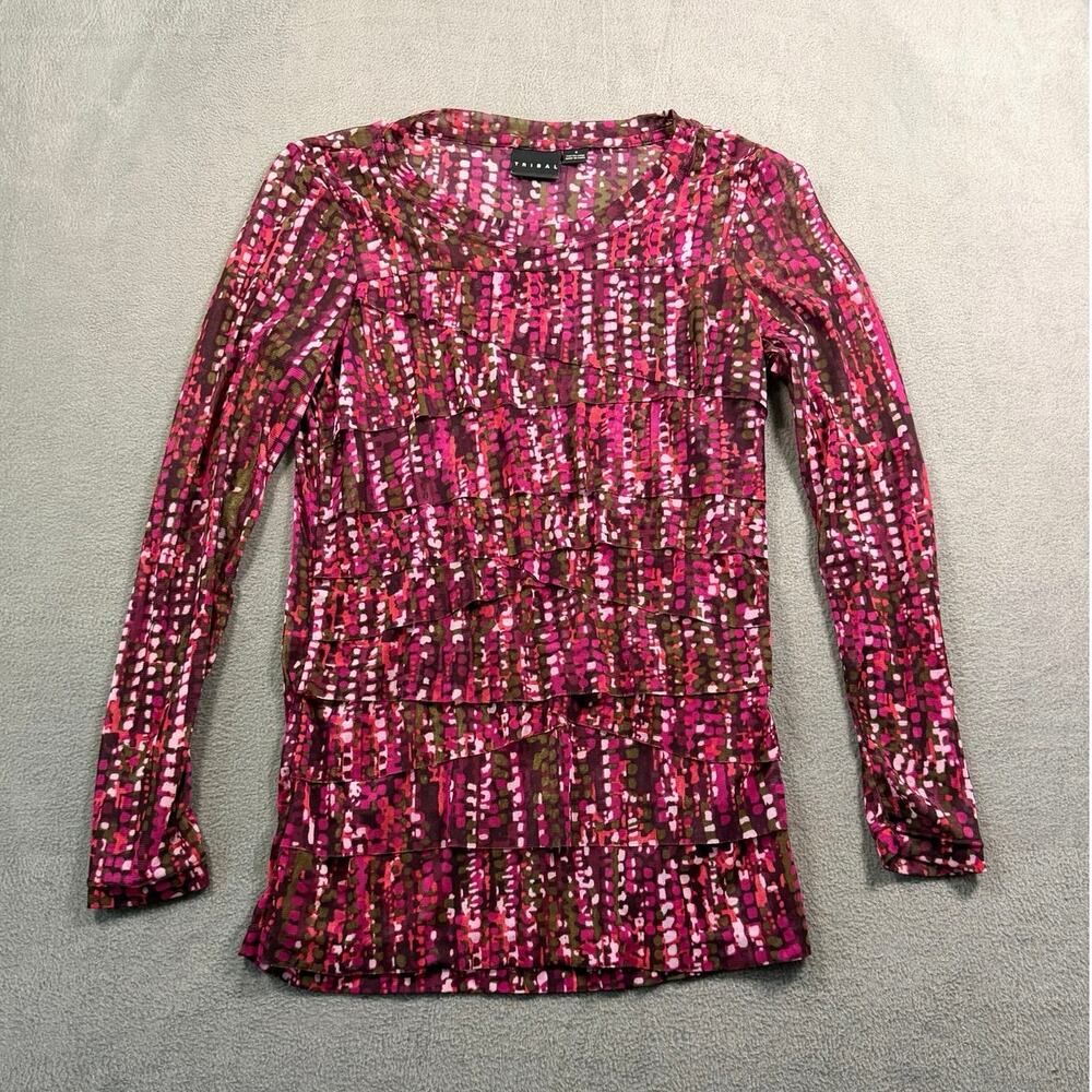 Tribal Womens Small Pink Magenta Tiered Ruffle Long Sleeve Mesh Blouse Top S‎